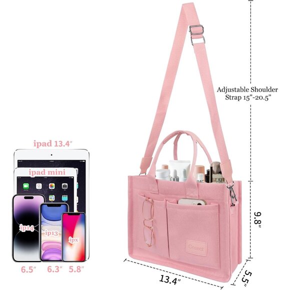 High-Quality Pink Canvas Handbag with Adjustable Straps and Multiple Pockets - Picture 6 of 6